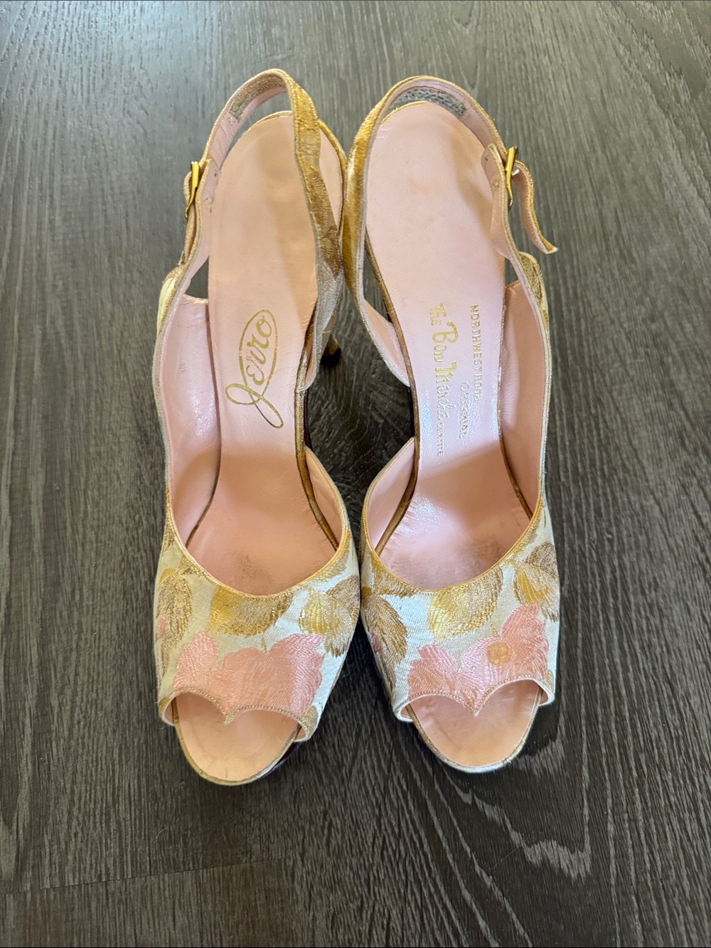 John Jerro vintage Pink and Gold Floral Peep-Toe Slingback Heels